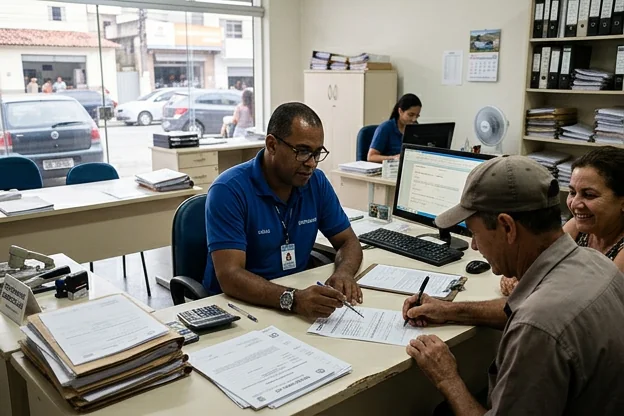 Despachante auxiliando cliente na transferência de veículo.
