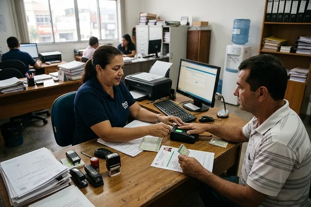 Profissional ajudando cliente no processo de renovação da CNH.