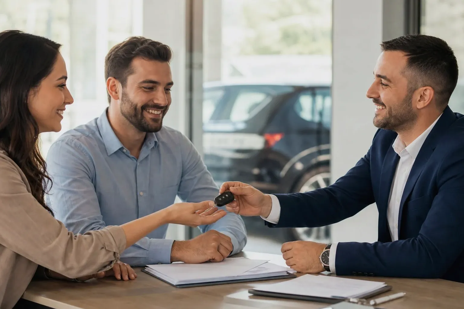 Profissional explicando procedimentos para transferência de veículo.