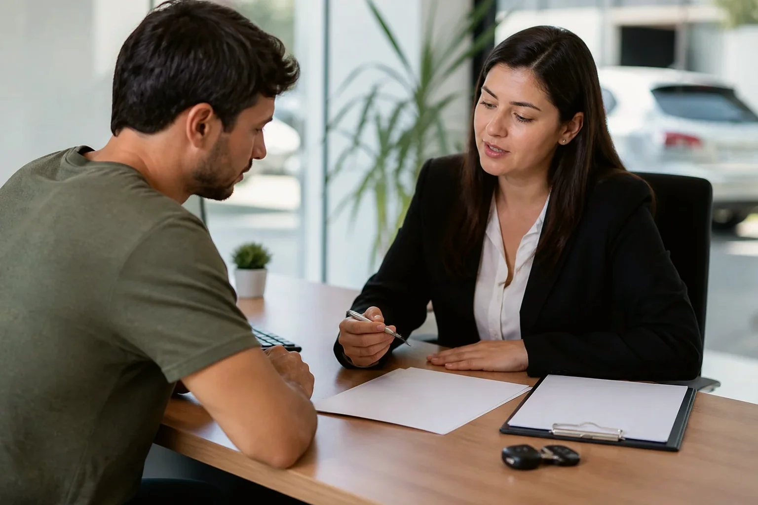 Profissional orientando cliente na elaboração de recurso de multa.